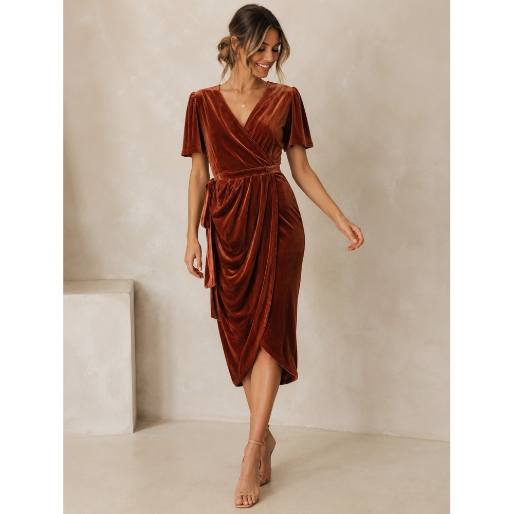 Ivy City Co. NWT Lillie Dress Brick Velvet Rust Wrap Midi Flutter Sleeve- Small